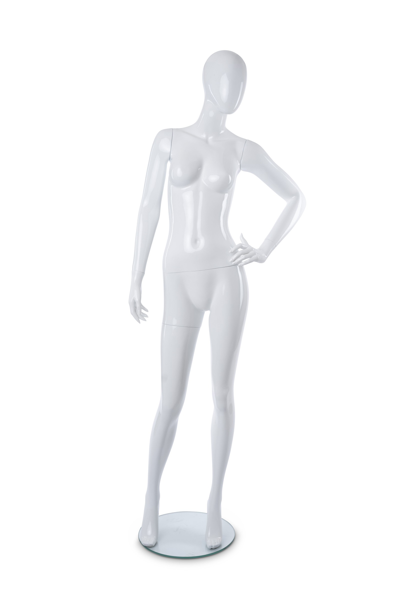 Adult Female Abstract Mannequin 70"H, Glass Base, Shiny White Adult Female Abstract Mannequin 70"H, Glass Base, Shiny White